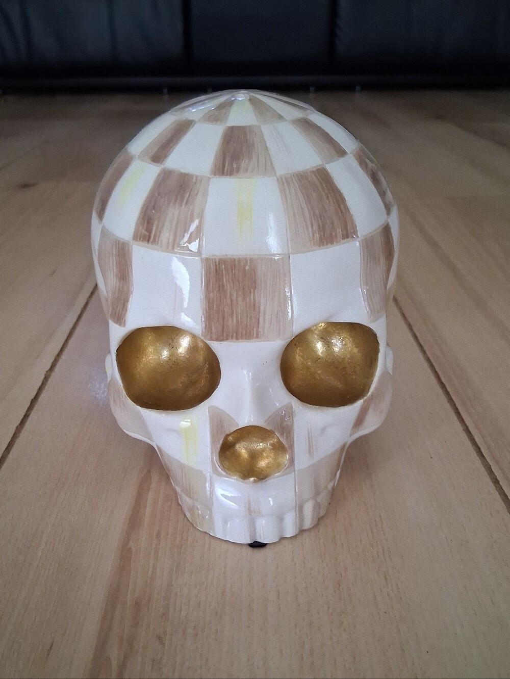 MacKenzie-Childs Mocha Check Decorative Skull Sculpture Brand New Mocha & Gold
